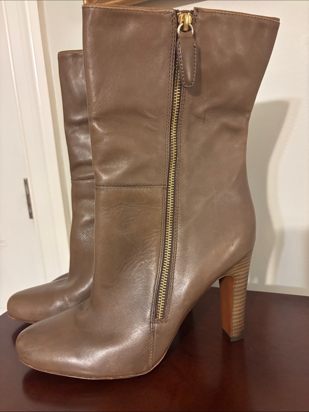 Coach Women’s Taupe Leather Mid-Calf Zip Heeled Boots 11